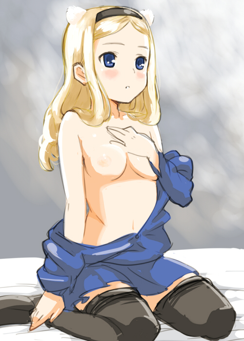 aleksandra_i_pokryshkin animal_ears bad_id bad_pixiv_id bear_girl black_legwear blonde_hair blue_eyes blush brave_witches breasts brown_hair hairband hand_on_own_chest long_hair medium_breasts military military_uniform nipples open_clothes open_mouth sitting solo tetsujin_momoko thighhighs undressing uniform wariza world_witches_series