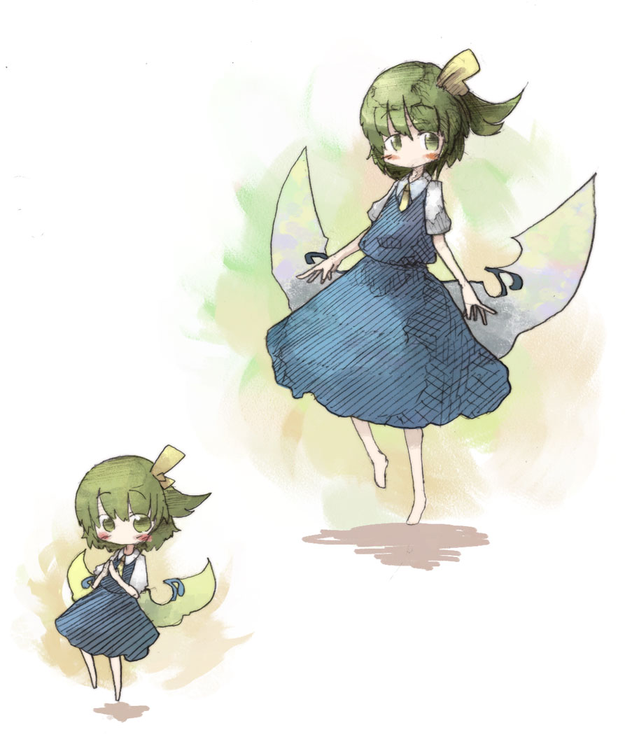 ascot blush bow chibi daiyousei daruia_(sabitare) dress green_eyes green_hair hair_bow hands_together own_hands_together short_hair side_ponytail solo touhou wings