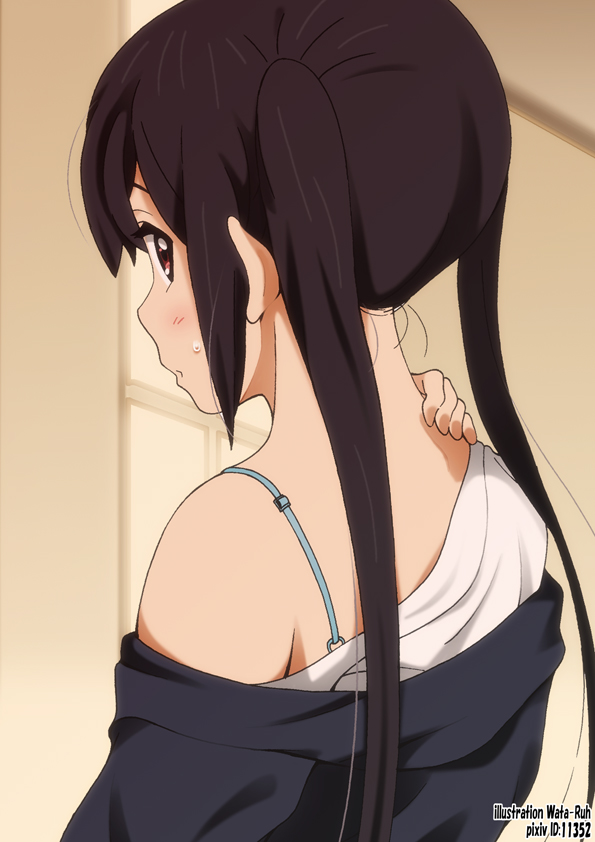 artist_name black_hair blush bra_strap brown_eyes commentary_request from_behind k-on! long_hair looking_back nakano_azusa nape off_shoulder official_style signature solo sweat twintails upper_body yamasaki_wataru