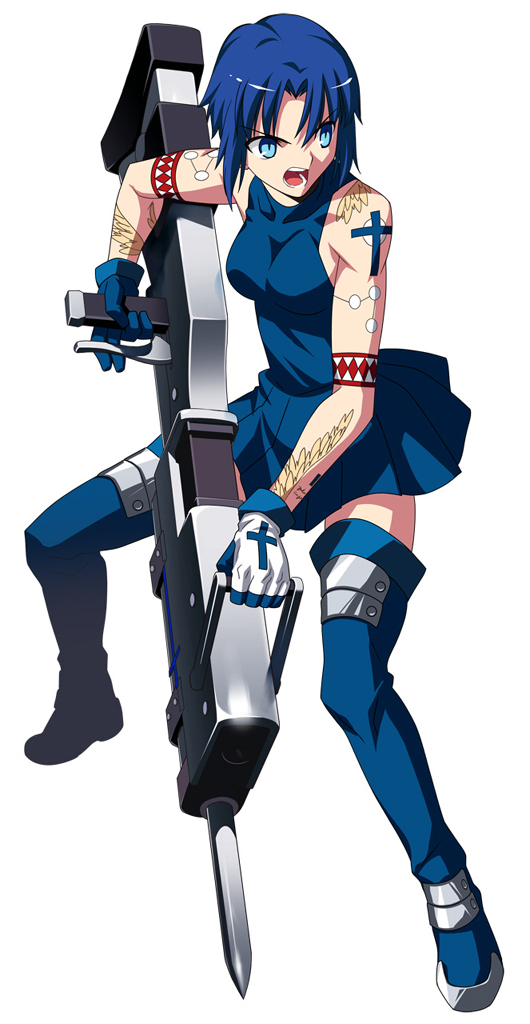 bare_shoulders black_keys blue_eyes blue_hair bodypaint boots ciel gloves huge_weapon melty_blood official_art open_mouth pile_bunker powerd_ciel seventh_holy_scripture short_hair skirt solo takeuchi_takashi thigh_boots thighhighs tsukihime weapon zettai_ryouiki