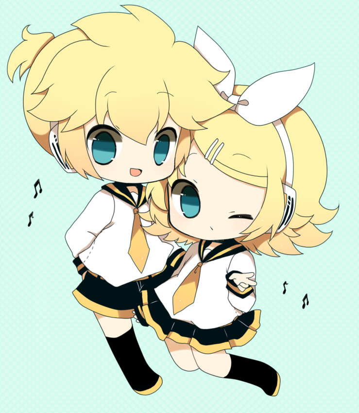 1girl bad_id bad_pixiv_id blonde_hair blue_eyes blush brother_and_sister hair_ornament hair_ribbon hairclip haru_(kyou) headphones kagamine_len kagamine_rin musical_note one_eye_closed open_mouth ribbon short_hair siblings skirt smile twins v vocaloid