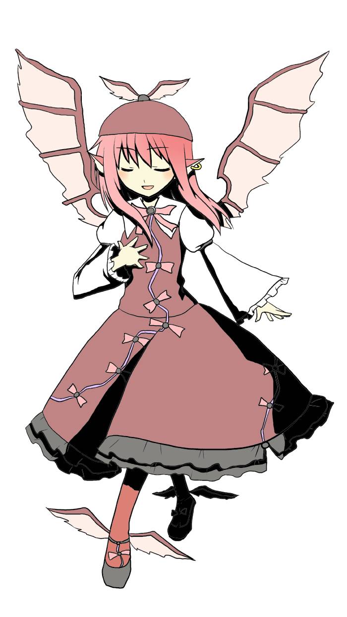 alternate_hairstyle closed_eyes dress full_body hand_on_own_chest hat highres korin_(ra-sky07) music mystia_lorelei pink_hair shoes simple_background singing solo touhou winged_shoes wings