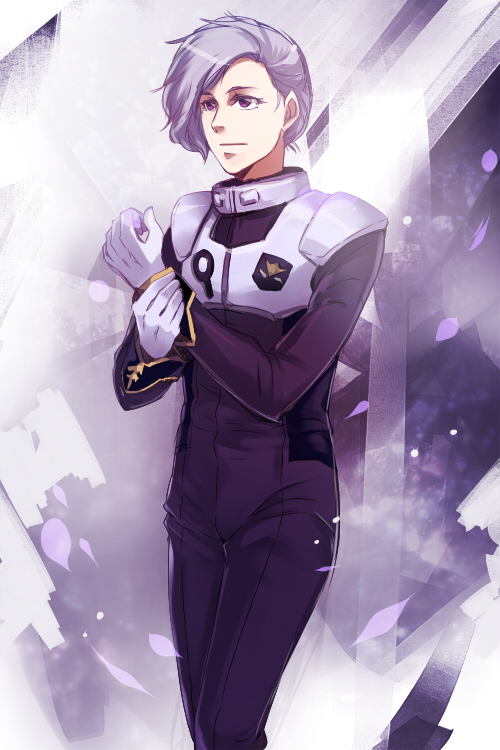 angelo_sauper gundam gundam_unicorn male_focus pilot_suit purple_eyes shiku_(4_area) silver_hair solo