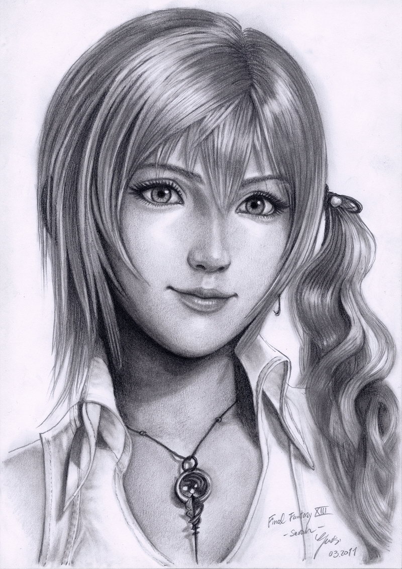 b-agt final_fantasy final_fantasy_xiii graphite_(medium) greyscale jewelry lips long_hair md5_mismatch monochrome necklace realistic serah_farron side_ponytail signature solo traditional_media upper_body
