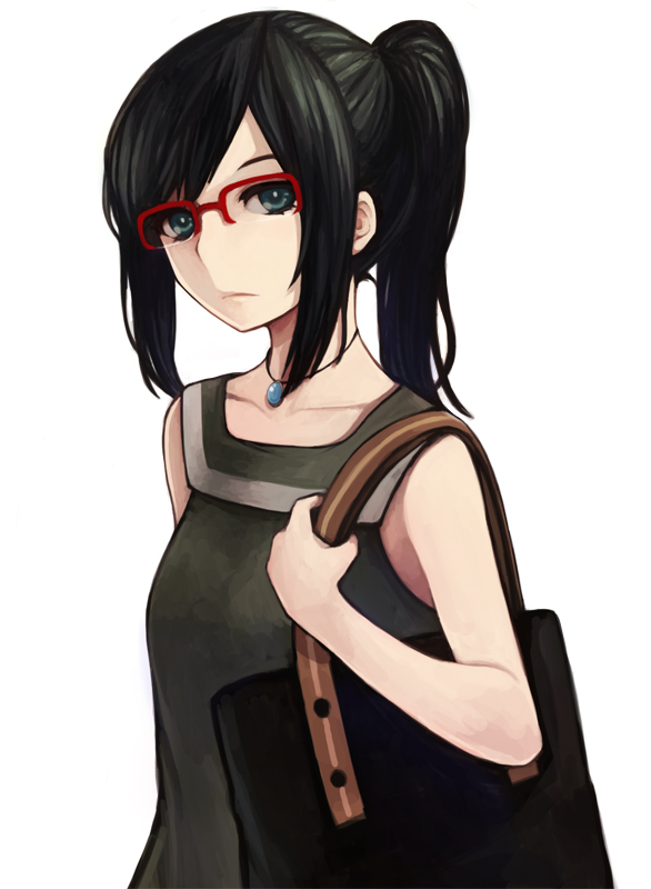 ano_hi_mita_hana_no_namae_wo_bokutachi_wa_mada_shiranai. bag black_hair blue_eyes casual glasses haruhito_(divineshalt) jewelry necklace ponytail red-framed_eyewear simple_background solo tsurumi_chiriko