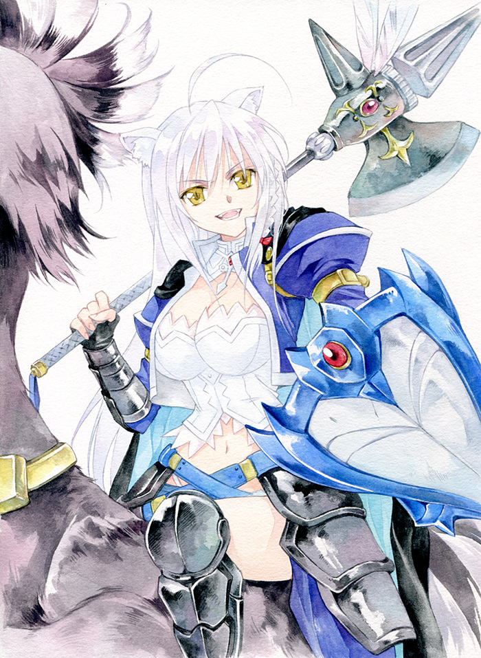 agahari ahoge animal_ears armor axe battle_axe bow braid breasts cat_ears cleavage dog_days fangs fingerless_gloves gloves hair_bow large_breasts leonmitchelli_galette_des_rois long_hair navel open_mouth paint_(medium) shield slit_pupils solo traditional_media weapon white_hair yellow_eyes
