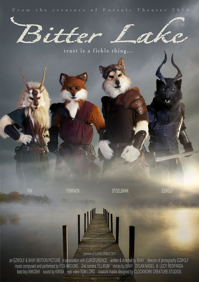 armor bitter_lake bridge canine circlet corset dragon ezwolf fantasy female forfaox fox fursuit horn horns lake looking_at_viewer male mammal mist movie_poster poster qarrezel real rin stoelbank sword weapon wolf wrist_guard wrist_guards