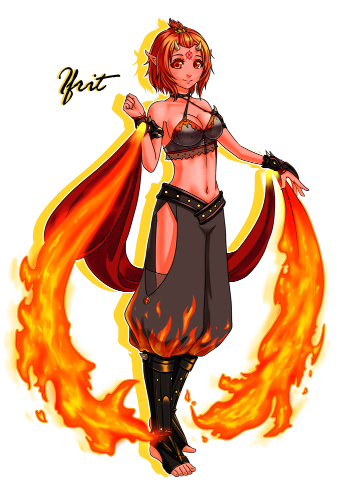 1girl armband breasts capcom cleavage demon_girl devil_may_cry feet female fire gijinka horns ifrit_(devil_may_cry) midriff pants personification pointy_ears red_eyes red_hair red_skin short_hair solo tokiwa_(hypotension) top wristband