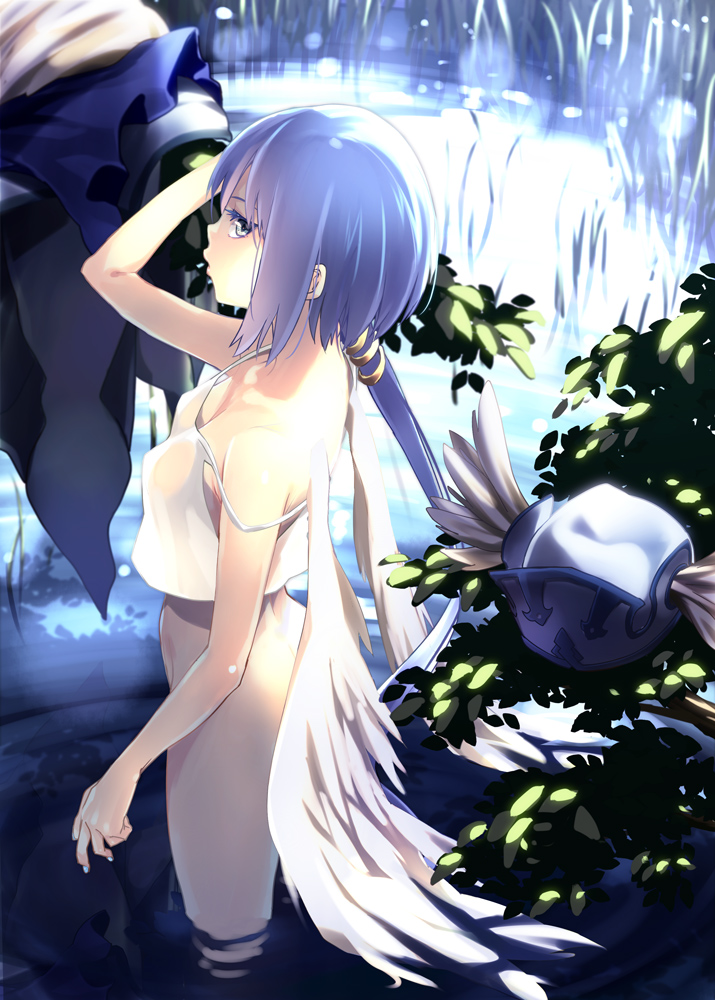 bad_id bad_pixiv_id blue_hair bottomless camisole elise_(gungnir) gungnir hat hat_removed headwear_removed long_hair looking_back solo strap_slip subachi wading water wings
