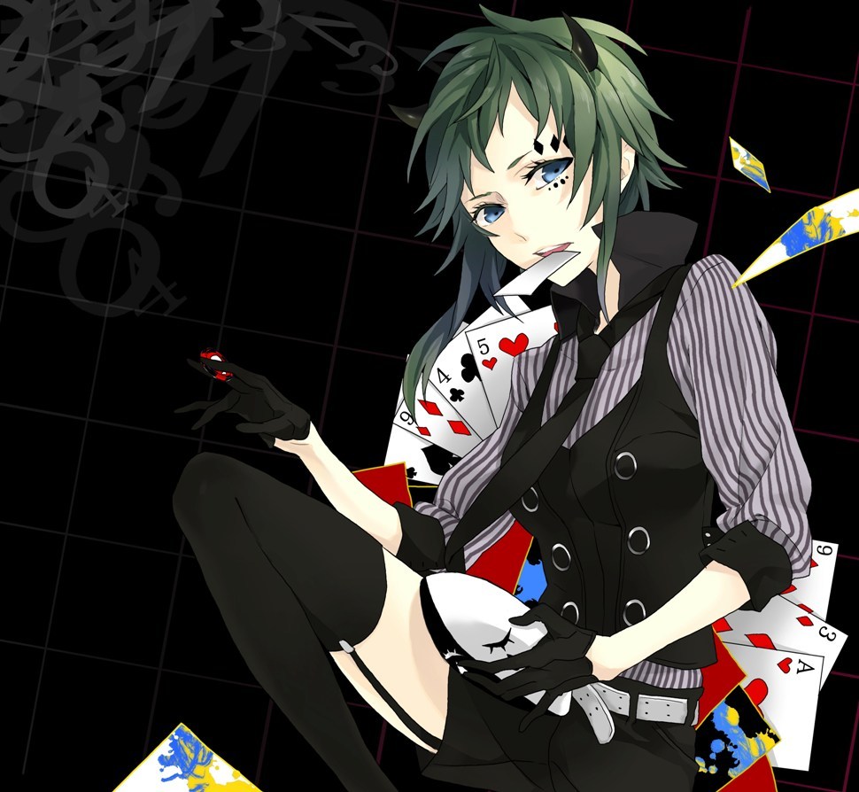blue_eyes card card_in_mouth facepaint facial_mark formal garter_straps gloves green_hair gumi horns kyou_zip lying_card mouth_hold necktie playing_card poker_face_(vocaloid) short_hair shorts solo suit thighhighs vocaloid