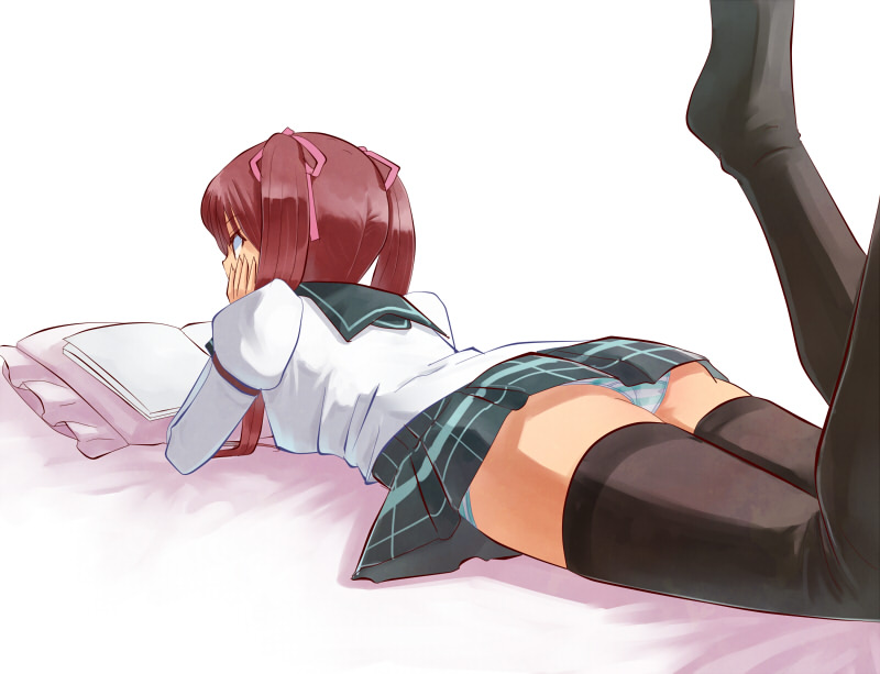 ass black_legwear book brown_eyes brown_hair hair_ribbon kakuno long_hair long_sleeves lying on_stomach original panties pillow plaid pleated_skirt ribbon school_uniform serafuku skirt solo striped striped_panties thighhighs twintails underwear upskirt