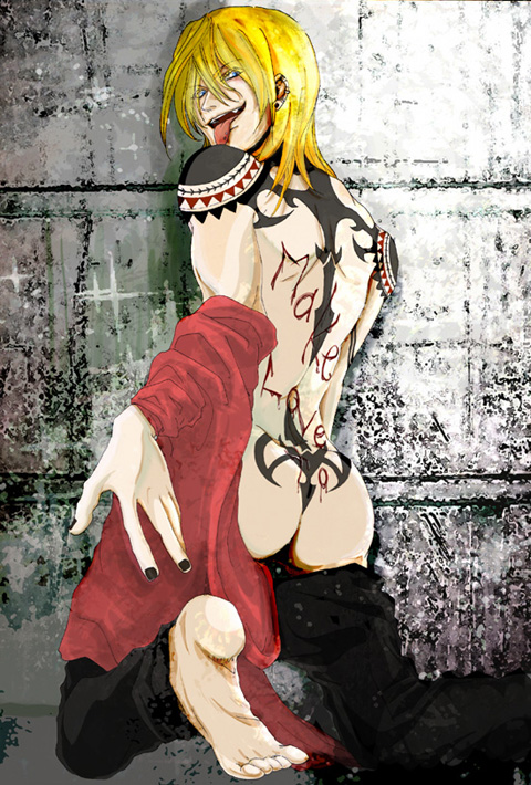 1boy ass blonde_hair gunji looking_at_viewer looking_back male male_focus open_mouth solo tattoo togainu_no_chi tongue_out