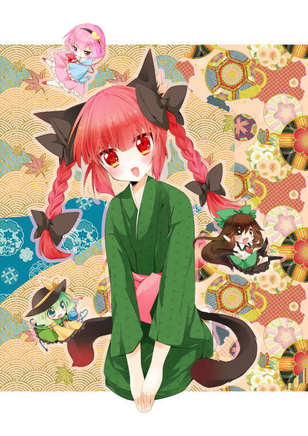 animal_ears asa_no_ha_(pattern) braid brown_eyes brown_hair cat_ears cat_tail chibi green_eyes green_hair japanese_clothes kaenbyou_rin komeiji_koishi komeiji_satori mao_(alepricos) multiple_girls pink_eyes pink_hair red_eyes red_hair reiuji_utsuho seigaiha sitting tail touhou twin_braids twintails