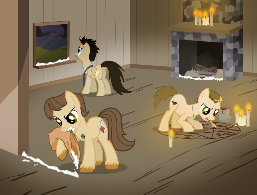 blue_eyes brown_eyes brown_hair candle candles castiel crossover dean_winchester equine glamour_kat green_eyes hair horse magic_circle male mammal my_little_pony necktie parody pony salt sam_winchester spoof supernatural