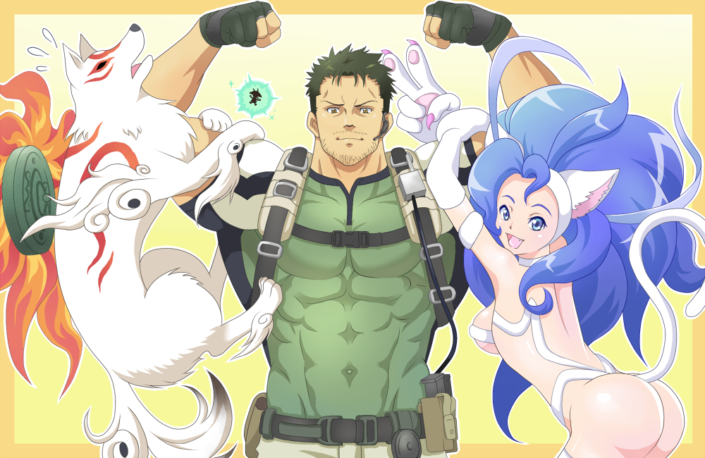 1girl abs amaterasu animal animal_ears ass biceps big_hair blue_eyes blue_hair breasts capcom cat_ears cat_tail chris_redfield company_connection crossover facial_hair fang felicia fingerless_gloves flexing gloves hairband headset issun long_hair marvel_vs._capcom marvel_vs._capcom_3 medium_breasts muscle ookami_(game) open_mouth pochikoro pose resident_evil smile stubble tail v vampire_(game) wolf
