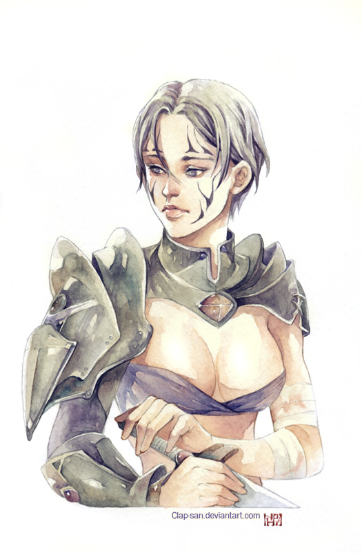 armor asymmetrical_clothes bandages breasts cleavage dragon_age dragon_age_2 face facial_tattoo grey_eyes grey_hair hawke_(dragon_age_2) large_breasts original phong_anh short_hair solo sword tattoo traditional_media upper_body watercolor_(medium) weapon