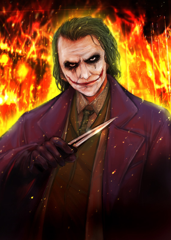 batman_(series) fire green_hair kaiga knife male_focus solo the_dark_knight the_joker