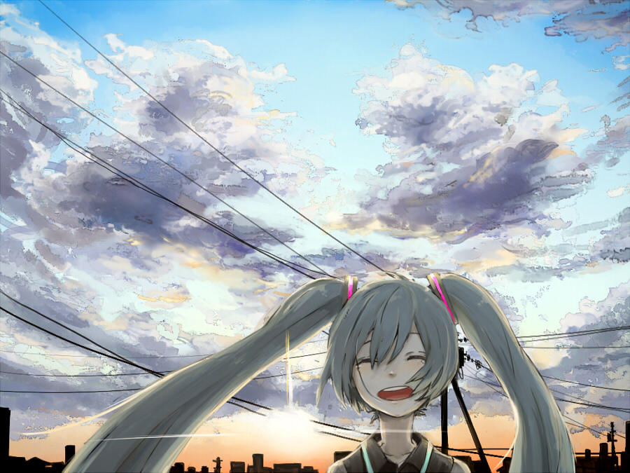 cityscape closed_eyes cloud day hatsune_miku long_hair open_mouth power_lines saitamax sky solo sun twintails vocaloid