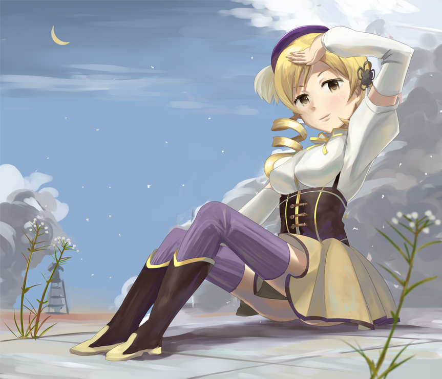 arm_up beret blonde_hair boots breasts cloud corset day detached_sleeves drill_hair hair_ornament hat kanokoga magical_girl mahou_shoujo_madoka_magica medium_breasts moon plant pleated_skirt sitting skirt solo star_(sky) thighhighs tomoe_mami yellow_eyes