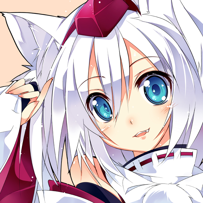animal_ears blue_eyes blush close-up detached_sleeves dress face fang finger_to_face hat inubashiri_momiji parted_lips pinching_sleeves shirokitsune silver_hair sleeves_past_wrists smile solo tokin_hat touhou white_dress wolf_ears