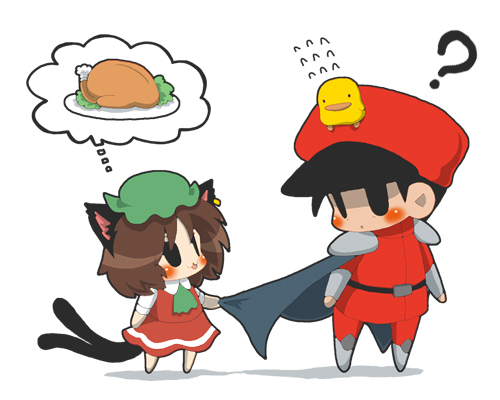 1girl ? animal_ears anna_(or) bird black_eyes blush brown_hair cape cat_ears cat_tail chen chibi crossover food hat jewelry lowres multiple_tails single_earring solid_circle_eyes spoken_food street_fighter tail thought_bubble touhou vega