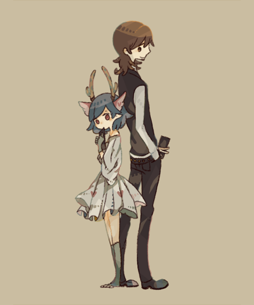 1girl antlers back-to-back bad_id bad_pixiv_id blue_hair brown_hair c_(control) dress gloves green_legwear head_wings height_difference ie_(niwaniwa) kneehighs midas_money mikuni_souichirou money pointy_ears q_(control) short_hair simple_background standing