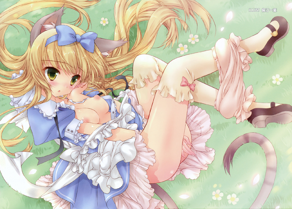 :o animal_ears blonde_hair bloomers bloomers_pull blush bow breasts cat_ears copyright_request dress green_eyes hotei_kazuha long_hair lying mary_janes nipples open_clothes open_dress original shoes skirt small_breasts solo tail thighhighs underwear