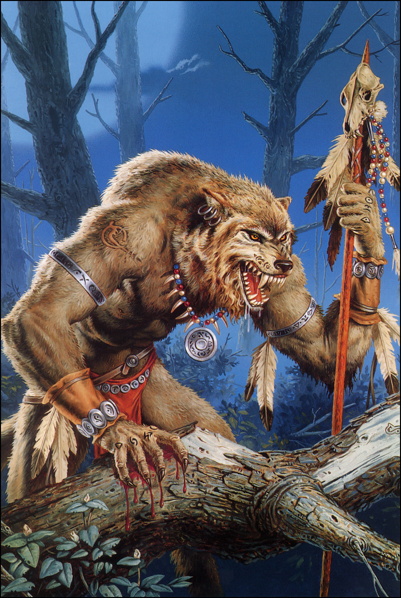 beads blood canine clothed clothing cloud clyde_caldwell drool drooling ear_piercing fangs feathers forest gaping_maw garou half-dressed loincloth magic_user male mammal medallion moon necklace open_mouth piercing polearm runes saliva scar shaman skull solo spear topless tree tribal tribal_spellcaster underwear wendigo were werewolf werewolf:_the_apocalypse white_wolf_publishing wolf wood world_of_darkness