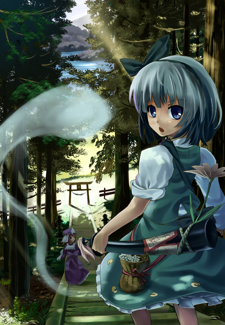 bad_id bad_pixiv_id flower foreshortening hidebo hitodama konpaku_youmu konpaku_youmu_(ghost) multiple_girls saigyouji_yuyuko scenery stairs sword torii touhou tree weapon