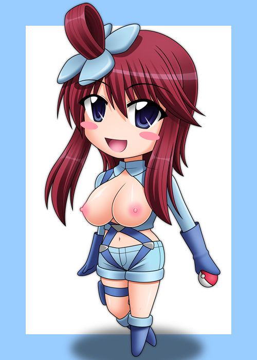 blue_eyes breasts breasts_outside fuuro_(pokemon) gym_leader hair_ornament kei_(milky_well) long_hair naked navel nipples nude open_mouth outside_border poke_ball pokemon pokemon_(game) pokemon_black_and_white pokemon_bw red_hair smile undressing