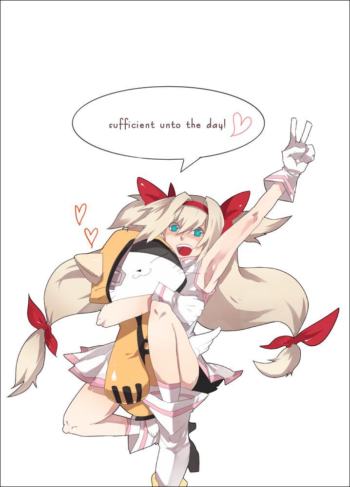 alternate_color armpits blazblue blonde_hair character_doll green_eyes jubei_(blazblue) long_hair low-tied_long_hair mameshibasuke platinum_the_trinity quad_tails stuffed_toy symbol-shaped_pupils two_side_up v very_long_hair
