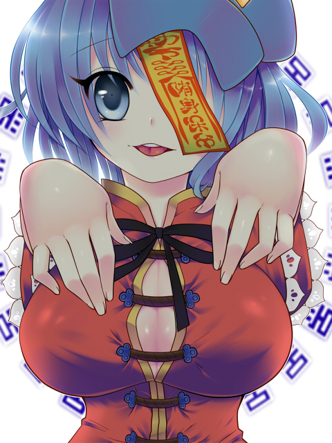 blue_eyes blue_hair breasts cleavage hat jiangshi kitarow large_breasts miyako_yoshika ofuda open_mouth outstretched_arms pale_skin short_hair smile solo star tongue touhou zombie_pose