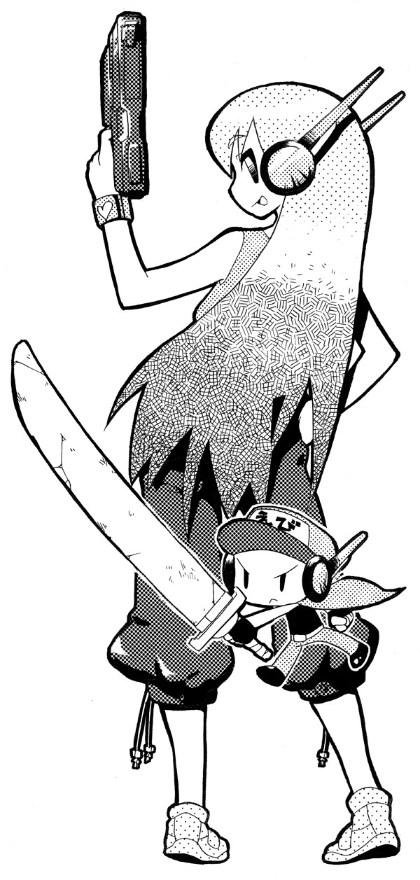 artist_request cape chibi curly_brace doukutsu_monogatari greyscale gun hat heart highres holding long_hair looking_back monochrome quote robot_ears simple_background solo sword translated very_long_hair weapon white_background