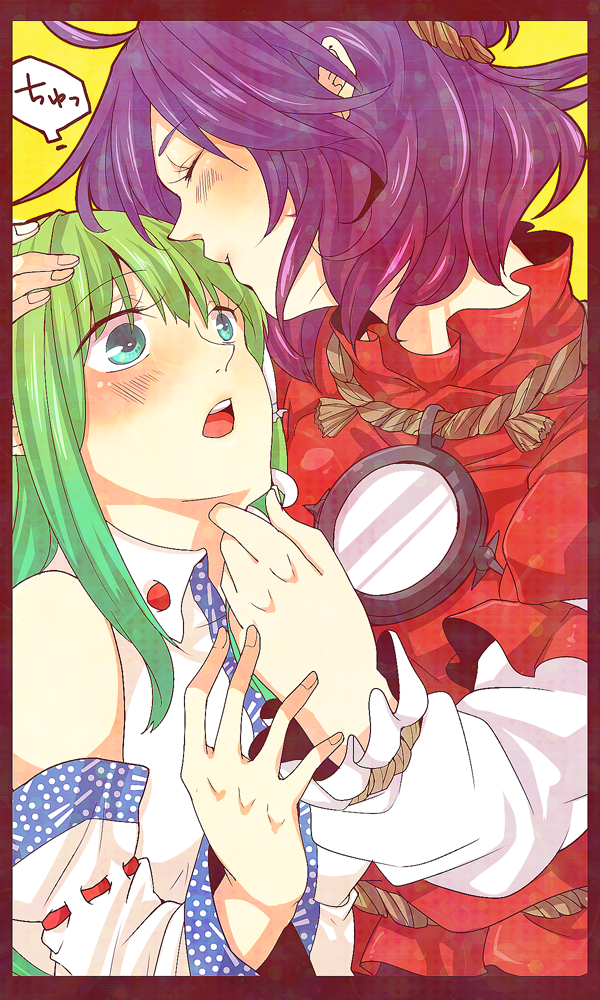 bad_id bad_pixiv_id bare_shoulders blue_eyes blush chin_grab closed_eyes detached_sleeves eyelashes face forehead_kiss green_hair hands kiguchiko kiss kochiya_sanae long_hair multiple_girls purple_hair short_hair surprised touhou yasaka_kanako