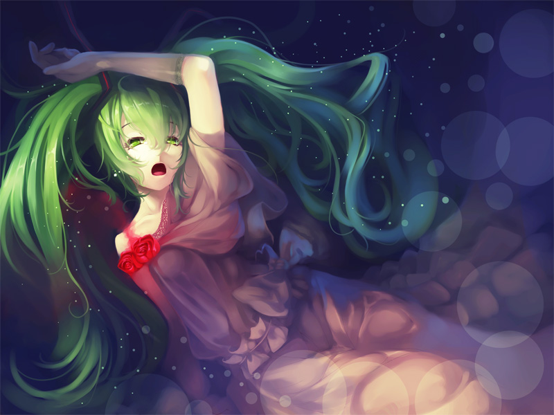 arms_up dress flower gloves green_eyes green_hair hatsune_miku light_particles long_hair looking_at_viewer open_mouth red_flower red_rose rose solo twintails vocaloid yuuji_(yukimimi)