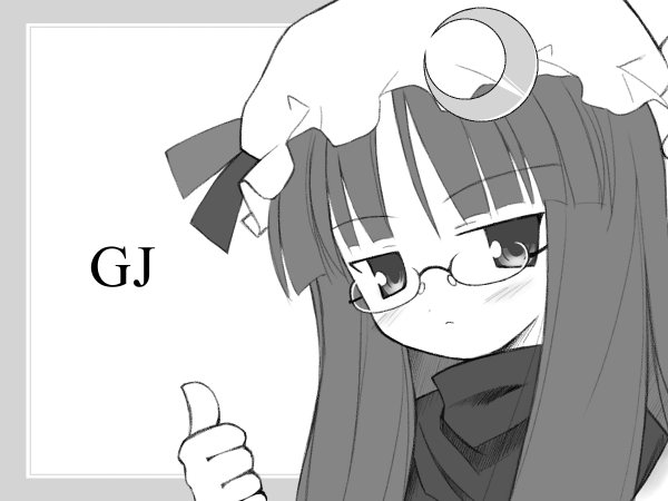 bespectacled crescent glasses greyscale hat jitome long_hair mizuno_kurage monochrome patchouli_knowledge solo thumbs_up touhou