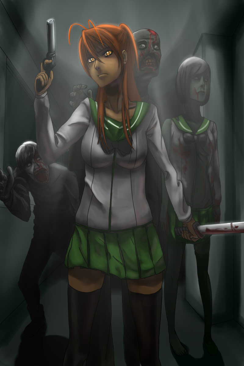 blood breasts danger gun hallway highres highschool_of_the_dead large_breasts miyamoto_rei sword weapon zombie