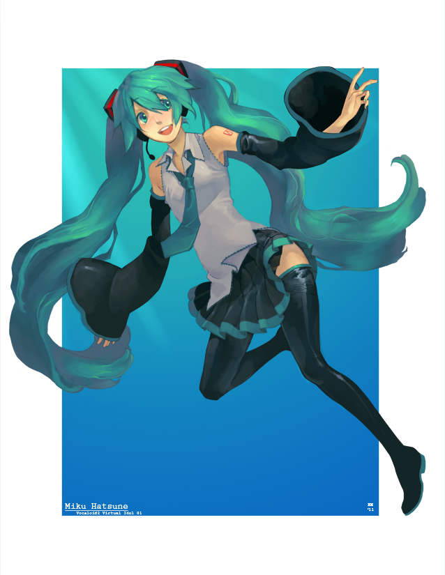 aqua_eyes aqua_hair bad_deviantart_id bad_id bare_shoulders boots detached_sleeves elaine_murphy hatsune_miku headset long_hair long_sleeves necktie open_mouth skirt solo tattoo thigh_boots thighhighs twintails very_long_hair vocaloid