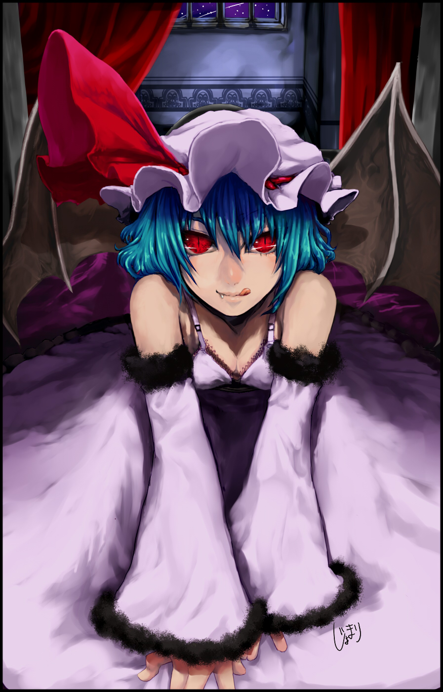 :q all_fours bad_id bad_pixiv_id bare_shoulders bat_wings bed blue_hair border bra breasts cleavage detached_sleeves face fang highres john_marica licking_lips lingerie lips looking_at_viewer medium_breasts naughty_face red_eyes remilia_scarlet short_hair signature slit_pupils solo tongue tongue_out touhou underwear wings