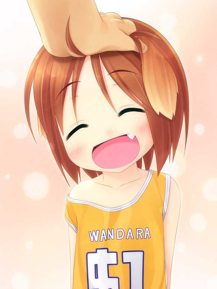 :d ^_^ animal_ears basketball basketball_uniform brown_hair closed_eyes clothes_writing dog_ears fang hand_on_another's_head happy inuarashi meiko_(inuarashi) off_shoulder open_mouth original out_of_frame petting short_hair smile solo_focus sportswear