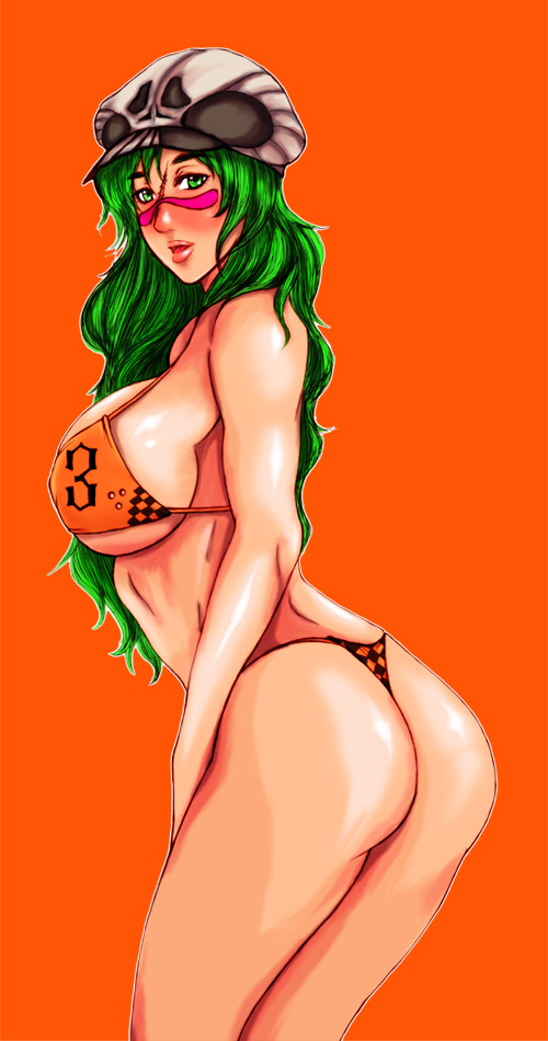 arrancar ass back bad-ladys bikini bleach breasts female green_hair kiri_hana large_breasts long_hair neliel_tu_oderschvank nelliel_tu_odelschwanck panties simple_background solo swimsuit thong underwear