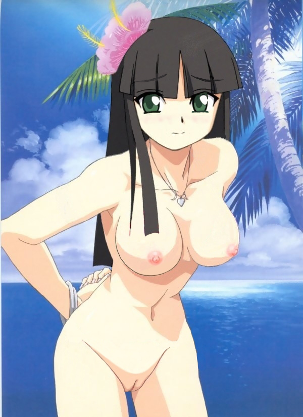 beach black_hair blush gad_guard green_eyes hime_cut long_hair nude shinozuka_arashi