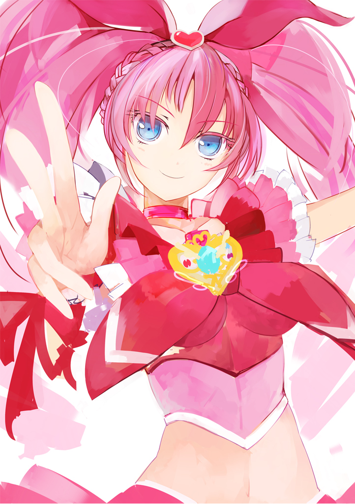 blue_eyes bow choker cure_melody eyelashes frills hands houjou_hibiki long_hair magical_girl midriff pink_bow pink_choker pink_hair precure pupps smile solo suite_precure twintails