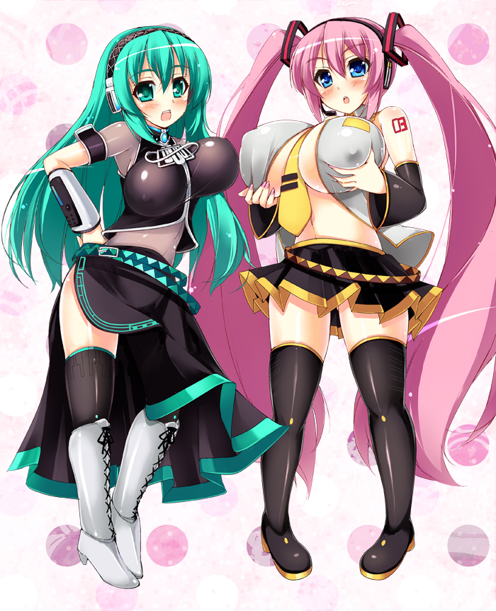 :d akikaze_tsumuji aqua_eyes aqua_hair bare_shoulders belt black_legwear blue_eyes blush boots breast_hold breasts cleavage cosplay costume_switch curvy detached_sleeves erect_nipples fingernail fingernails grin hatsune_miku hatsune_miku_(cosplay) high_heels huge_breasts large_breasts legs megurine_luka megurine_luka_(cosplay) midriff multiple_girls nail_polish navel necktie nipples open_mouth pink_hair see-through shoes skirt smile thighhighs thighs twintails vocaloid zettai_ryouiki