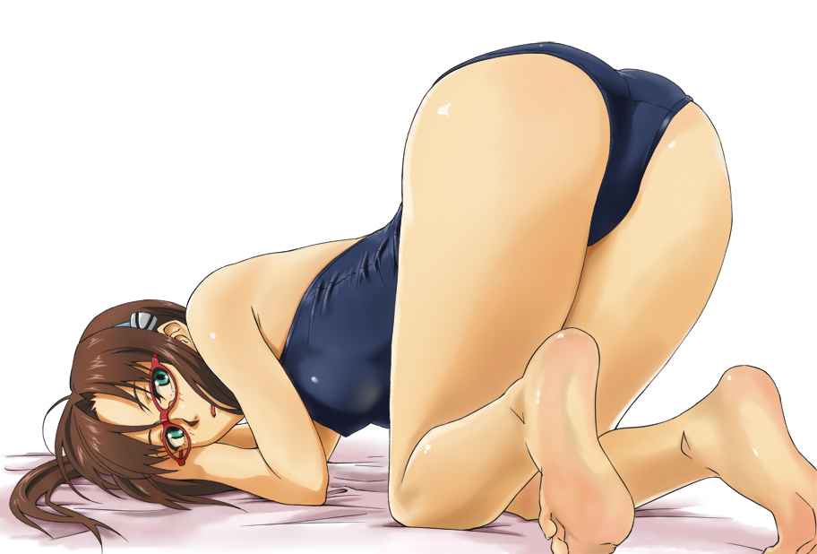 all_fours ass bare_shoulders barefoot bed_sheet blush brown_hair evangelion:_2.0_you_can_(not)_advance feet foreshortening glasses green_eyes hair_ornament hairband konnota looking_back makinami_mari_illustrious neon_genesis_evangelion one-piece_swimsuit open_mouth ponytail rebuild_of_evangelion red-framed_eyewear school_swimsuit soles solo swimsuit thighs top-down_bottom-up