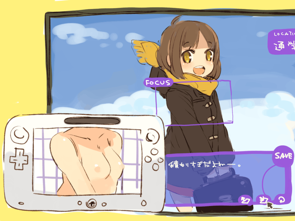 bag breasts brown_hair fake_screenshot game_console mota nintendo nipples open_mouth original scarf short_hair sketch small_breasts wii wii_u x-ray yellow_eyes