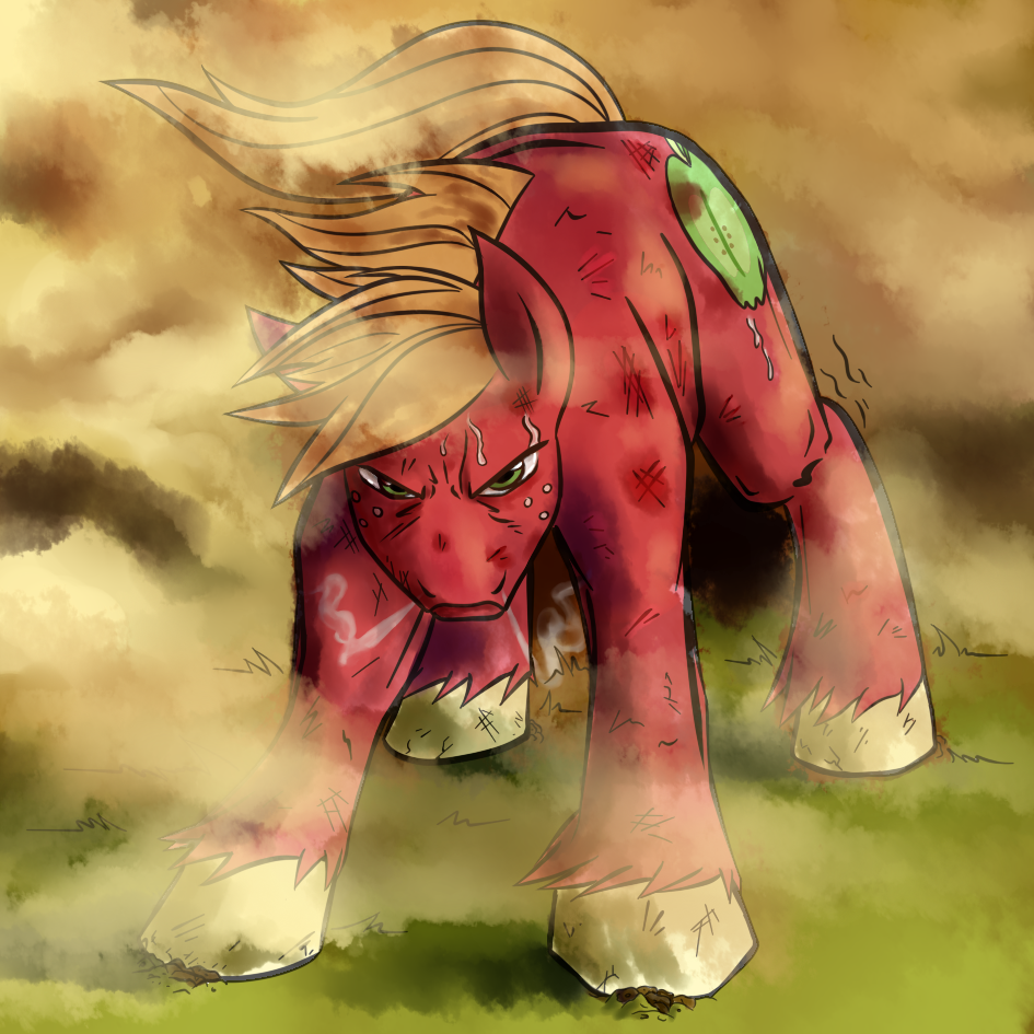 apple big_macintosh_(mlp) blonde_hair cutie_mark draft_horse epic equine feral friendship_is_magic fruit fur green_eyes hair horse looking_at_viewer male mammal megasweet my_little_pony pony red_fur solo sweat