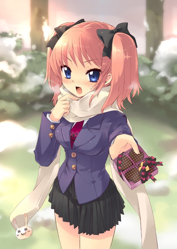 blue_eyes blush chocolate copyright_request gift holding holding_gift incoming_gift itou_noiji orange_hair ribbon scarf school_uniform solo tsundere twintails valentine