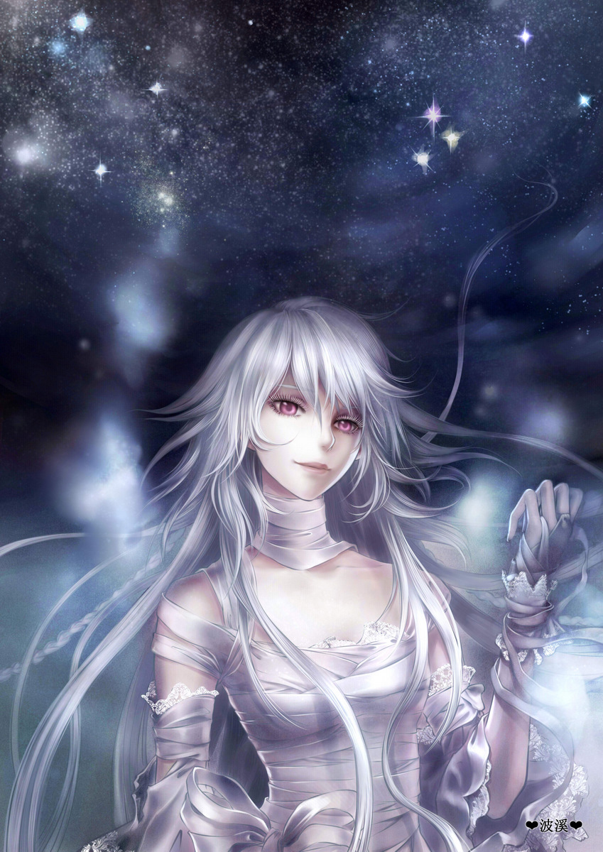 bandages highres lijunyou long_hair pandora_hearts pink_eyes sky solo star_(sky) starry_sky white_hair will_of_the_abyss