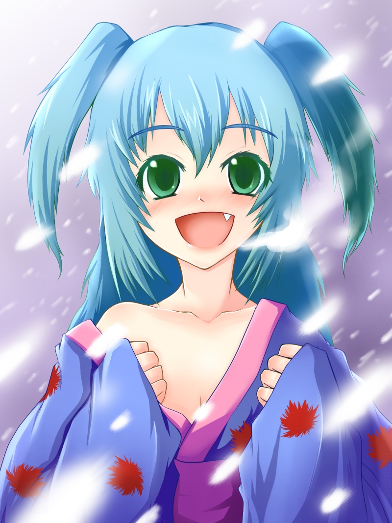 bad_id bad_pixiv_id bare_shoulders blue_hair blush breasts cleavage collarbone fang green_eyes japanese_clothes kimono off_shoulder open_mouth original robe_slip sashiromiya_sasha short_twintails sleeves_past_wrists small_breasts snow snowing solo tama_go touhou twintails upper_body